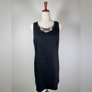 Rebecca Taylor Dress 12 Black Linen Blend Keyhole Back Beaded Collar Cocktail
